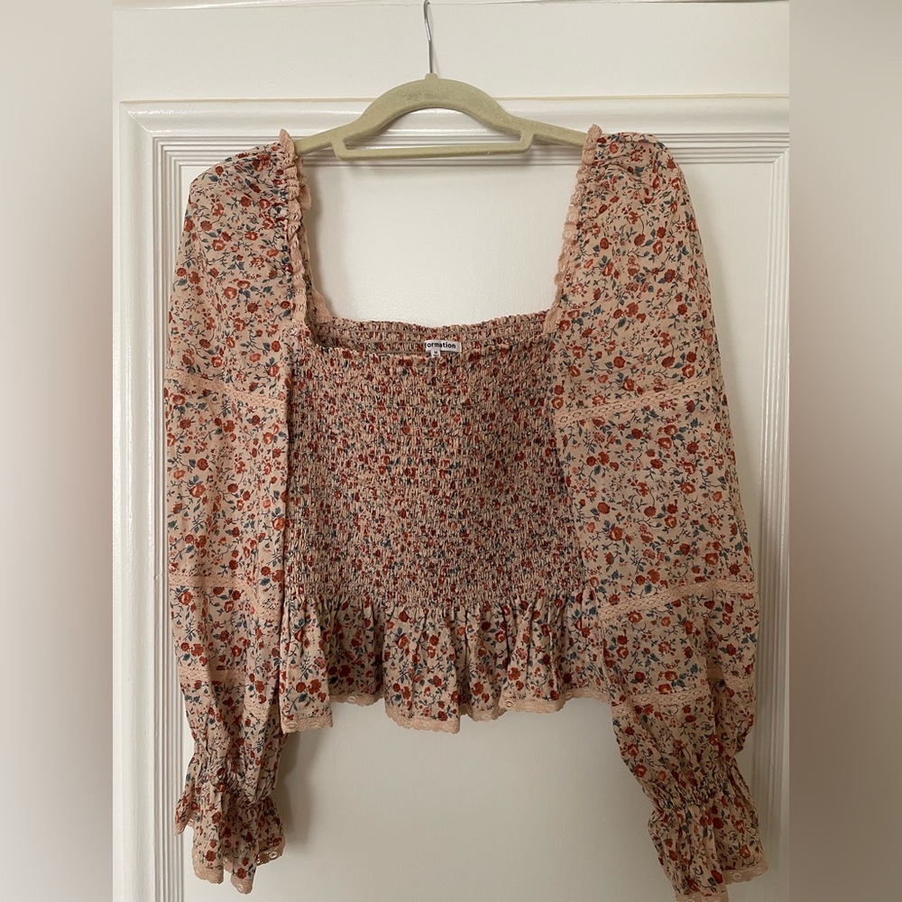 Reformation fitted linen top with bell sleeves